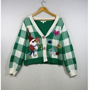 Celebrate Together Christmas Cardigan Women L Green‎ White Gnome Sequin Plaid